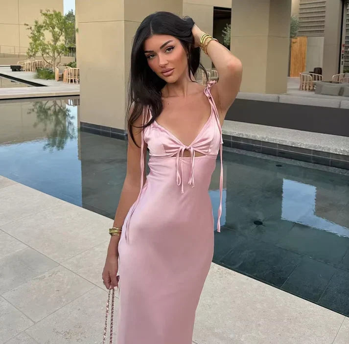 Vestido largo de satén rosa con tirantes finos, sexy, para cumpleaños, graduación, D2589