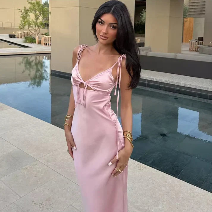 Vestido largo de satén rosa con tirantes finos, sexy, para cumpleaños, graduación, D2589