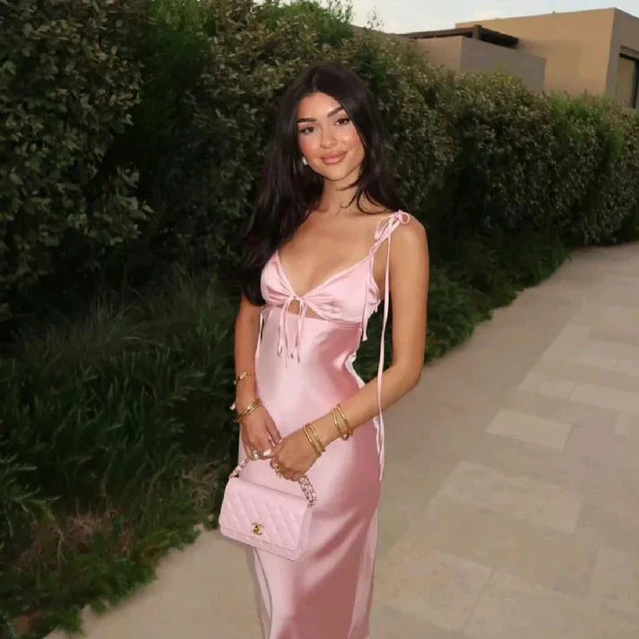 Vestido largo de satén rosa con tirantes finos, sexy, para cumpleaños, graduación, D2589