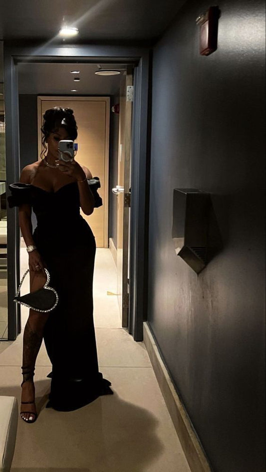 Hermoso vestido de sirena con hombros descubiertos para niña negra, de satén negro, para cumpleaños número 21, vestido de fiesta, vestidos de graduación D2590