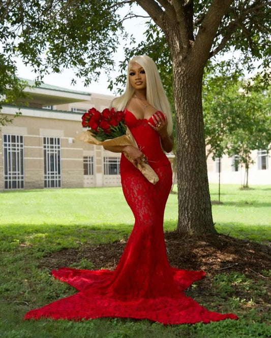 Gorgeous Mermaid Sweetheart Lace Red Long Prom Dress Party Dress Graduation Dresses D2592