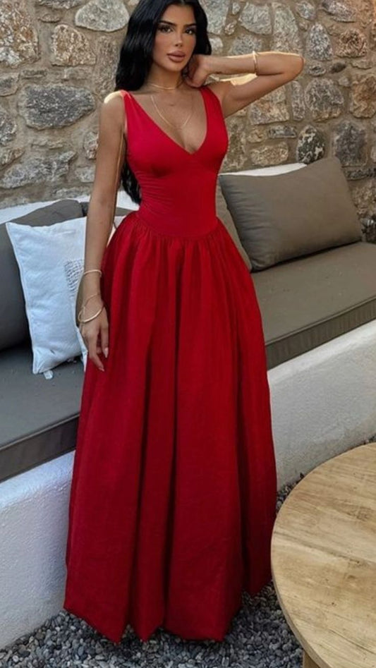 Vestido rojo largo y sexy de fiesta con escote en V y corte en A para cumpleaños, graduación, D2594