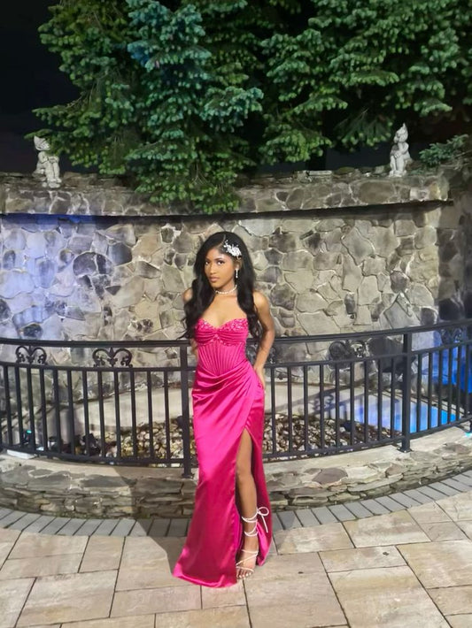 Gorgeous Mermaid Sweetheart Pink Satin Slit Long Prom Dress Party Dress Graduation Dresses D2595