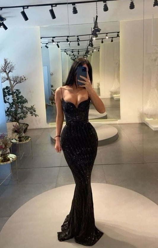 Vestido largo de sirena con tirantes finos y lentejuelas negras, ideal para cumpleaños, graduación, D2596