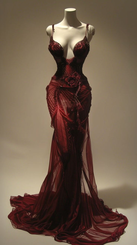 Vestido largo de sirena con tirantes finos, color rojo vino, para cumpleaños, graduación, D2606