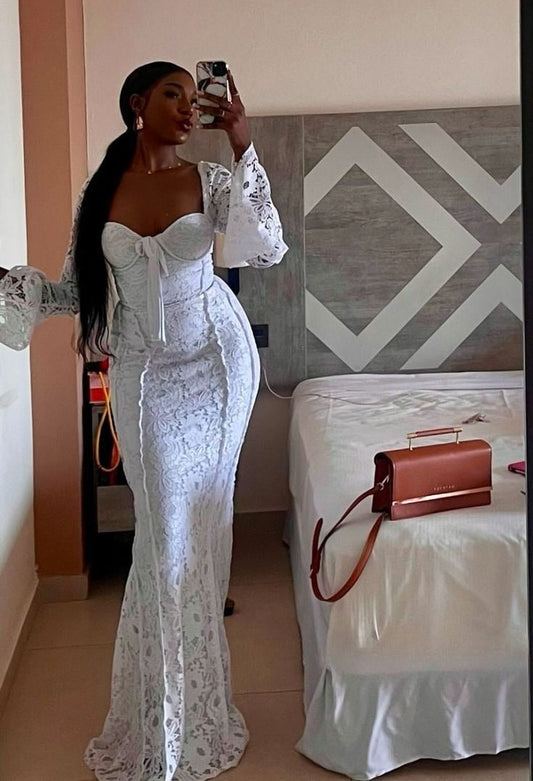 Hermoso vestido de sirena con escote corazón, de encaje blanco y negro, para niña de 23 años, vestido de fiesta, atuendos de cumpleaños para mujer D2613