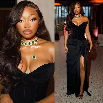 Hermoso vestido de sirena con escote corazón y abertura en satén negro para niña de 23 años, vestido de fiesta, atuendos de cumpleaños para mujer D2627