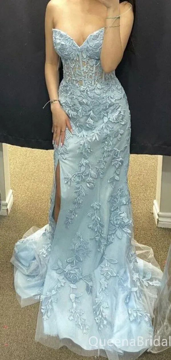 Vestidos de fiesta azules cielo claros con escote en forma de corazón y encaje, vestidos formales de verano para invitadas de boda, trajes para invitadas de boda D2651