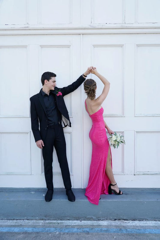 Vestido largo sexy con tirantes finos y lentejuelas rosas para cumpleaños número 18, vestidos de graduación D2689