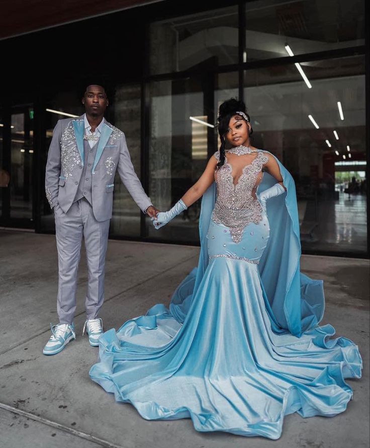 Vestido de fiesta de sirena con escote en V y cuentas azules y plateadas para 18 cumpleaños, D2691