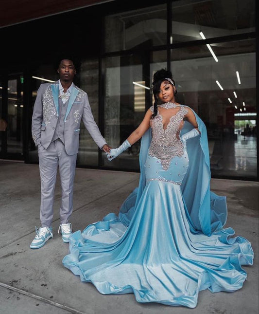 Vestido de fiesta de sirena con escote en V y cuentas azules y plateadas para 18 cumpleaños, D2691