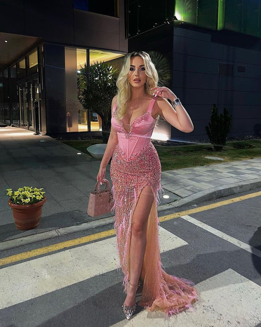 Vestido largo de satén rosa con tirantes de sirena para 20 cumpleaños, vestido de fiesta, atuendos de cumpleaños para mujer D2694