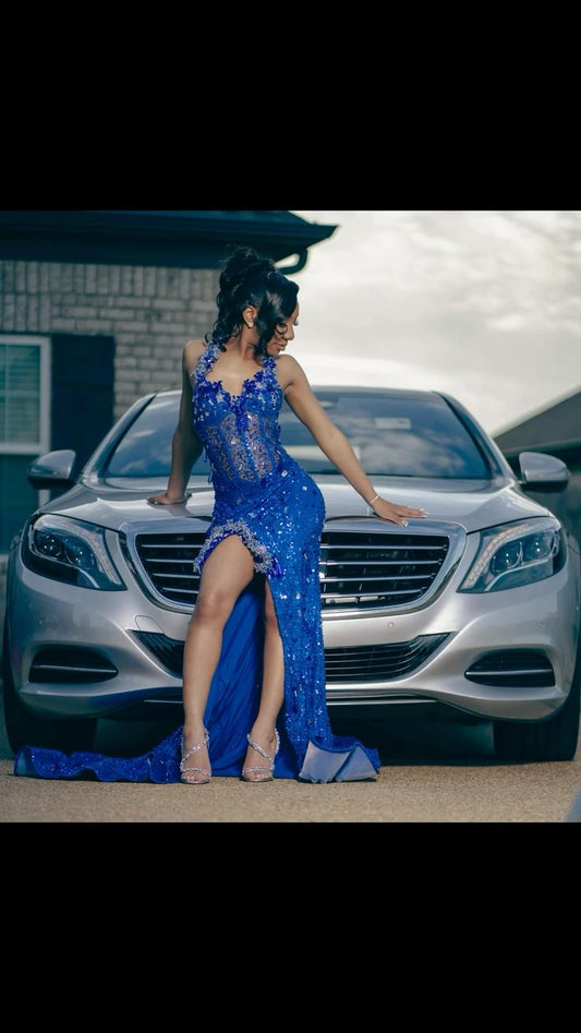 Vestido de fiesta con tirantes de sirena, lentejuelas, cuentas y aberturas para cumpleaños número 18, D2700