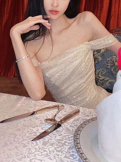 Classy Mermaid Off The Shoulder Sequin Slit Long Prom Dress SD2704