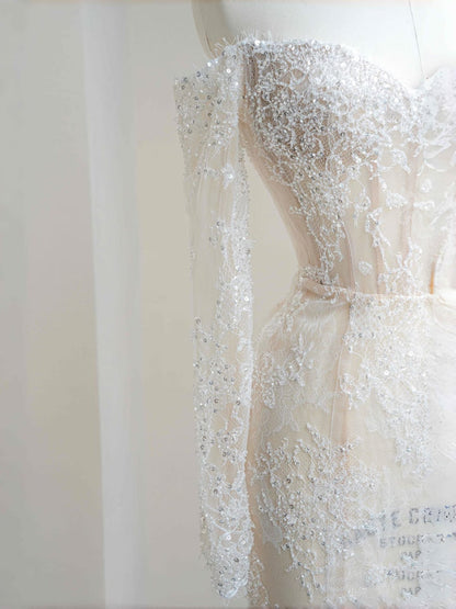 Hermoso vestido de novia de corte sirena con hombros descubiertos y encaje blanco, largo, modesto, D2717