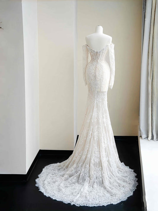 Hermoso vestido de novia de corte sirena con hombros descubiertos y encaje blanco, largo, modesto, D2717