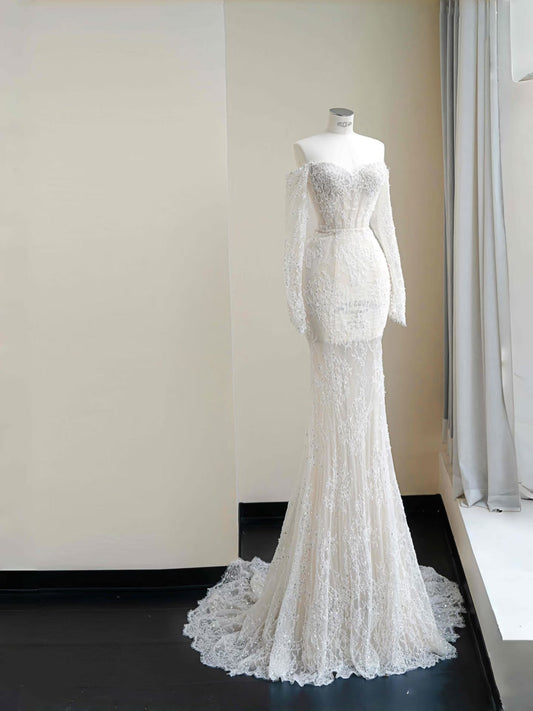 Hermoso vestido de novia de corte sirena con hombros descubiertos y encaje blanco, largo, modesto, D2717