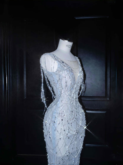Hermoso vestido de fiesta largo con escote en V y cuentas plateadas, estilo sirena, DP2718
