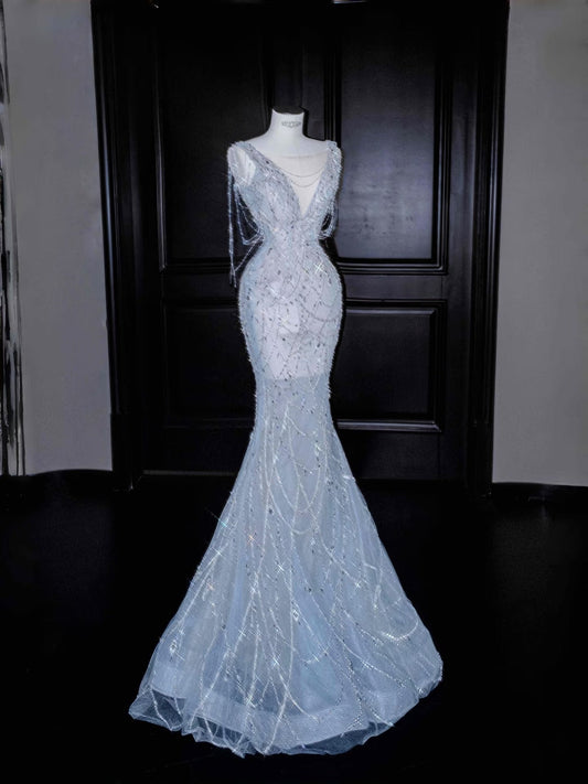 Hermoso vestido de fiesta largo con escote en V y cuentas plateadas, estilo sirena, DP2718