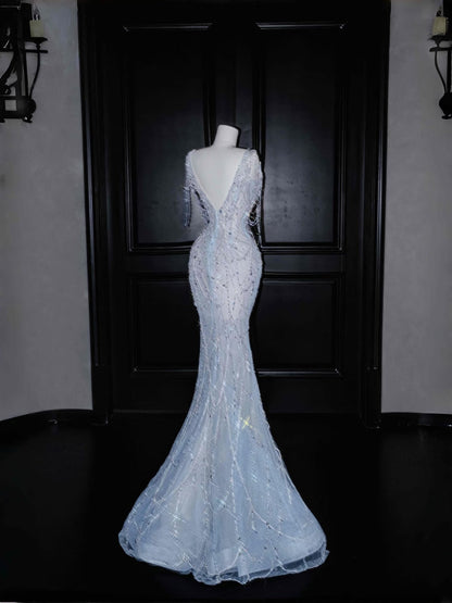 Hermoso vestido de fiesta largo con escote en V y cuentas plateadas, estilo sirena, DP2718