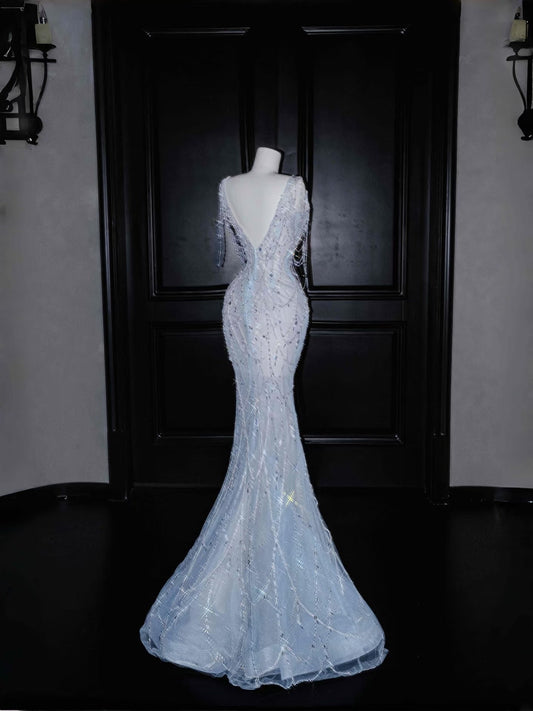 Hermoso vestido de fiesta largo con escote en V y cuentas plateadas, estilo sirena, DP2718