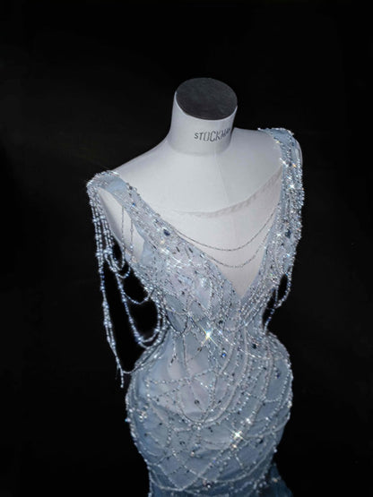 Hermoso vestido de fiesta largo con escote en V y cuentas plateadas, estilo sirena, DP2718