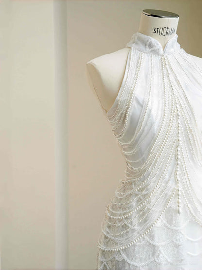 Hermoso vestido de novia de sirena, cuello alto, lentejuelas, blanco, largo, modesto, D2723