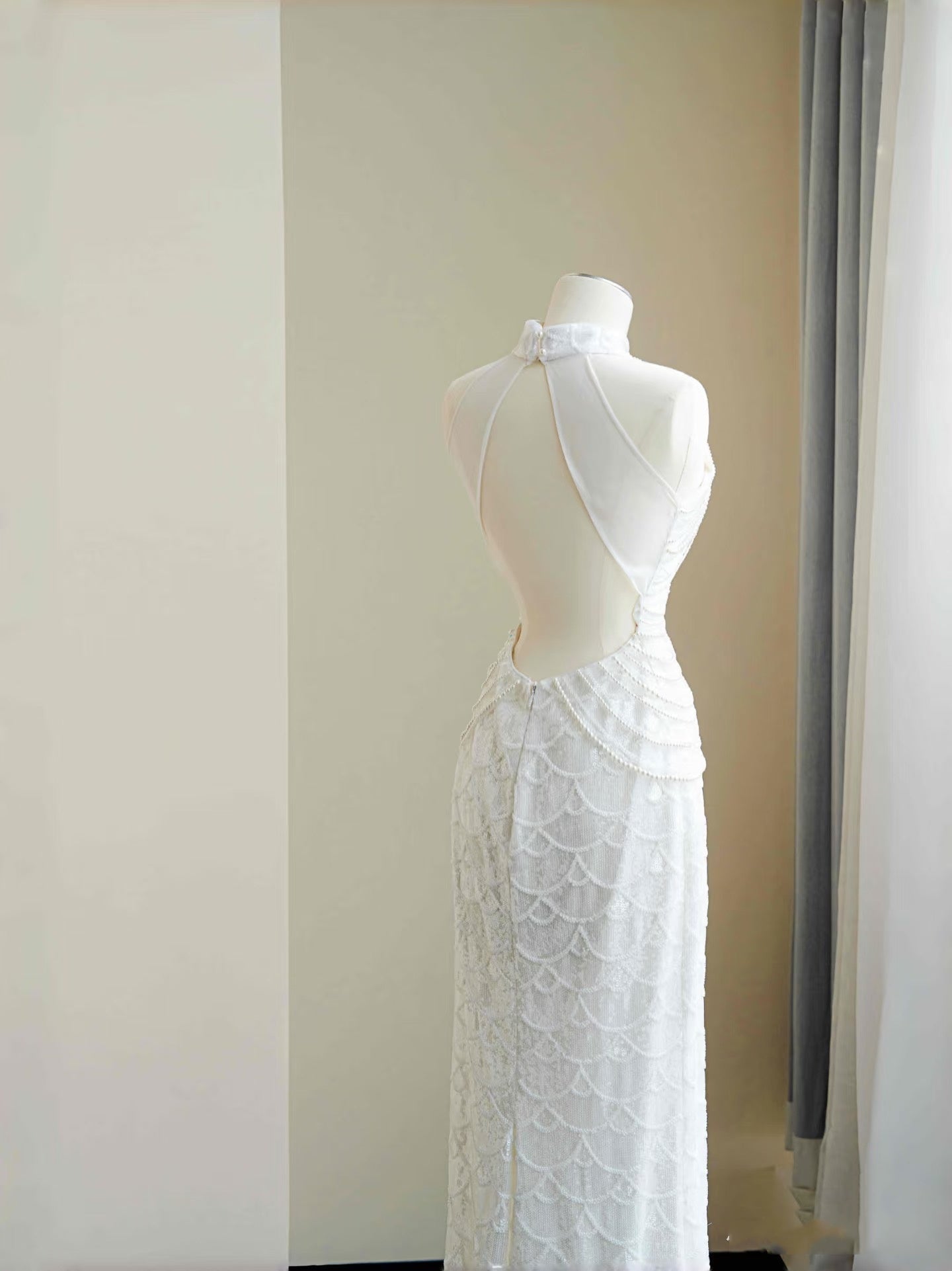 Hermoso vestido de novia de sirena, cuello alto, lentejuelas, blanco, largo, modesto, D2723