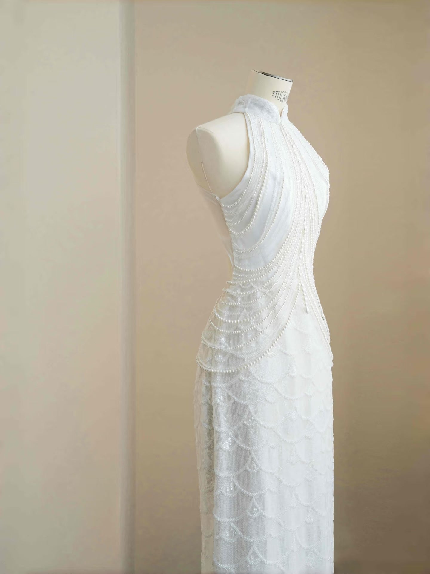Hermoso vestido de novia de sirena, cuello alto, lentejuelas, blanco, largo, modesto, D2723