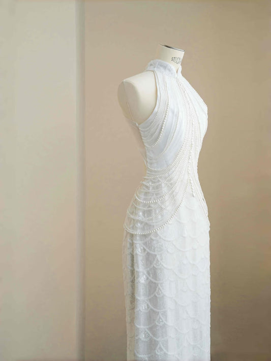 Hermoso vestido de novia de sirena, cuello alto, lentejuelas, blanco, largo, modesto, D2723
