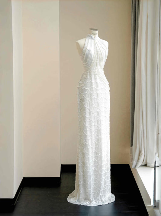 Hermoso vestido de novia de sirena, cuello alto, lentejuelas, blanco, largo, modesto, D2723