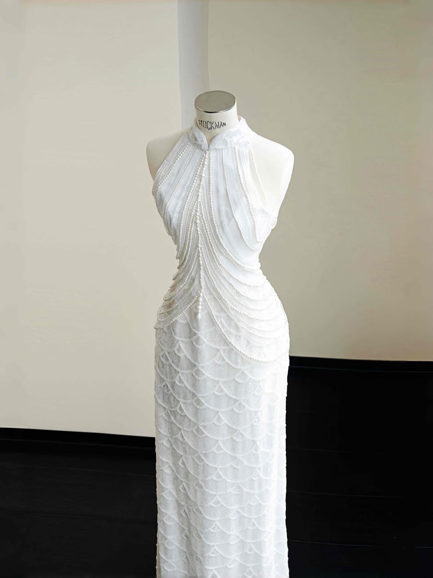 Hermoso vestido de novia de sirena, cuello alto, lentejuelas, blanco, largo, modesto, D2723
