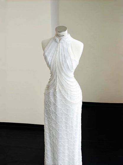 Hermoso vestido de novia de sirena, cuello alto, lentejuelas, blanco, largo, modesto, D2723
