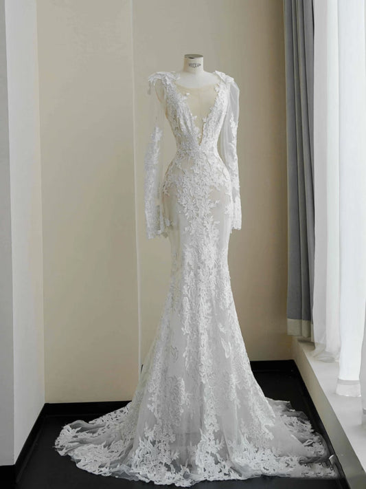Hermoso vestido de novia largo blanco de encaje con escote en V y corte sirena, vestidos de novia modestos D2726