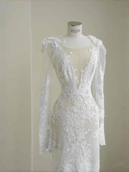 Hermoso vestido de novia largo blanco de encaje con escote en V y corte sirena, vestidos de novia modestos D2726