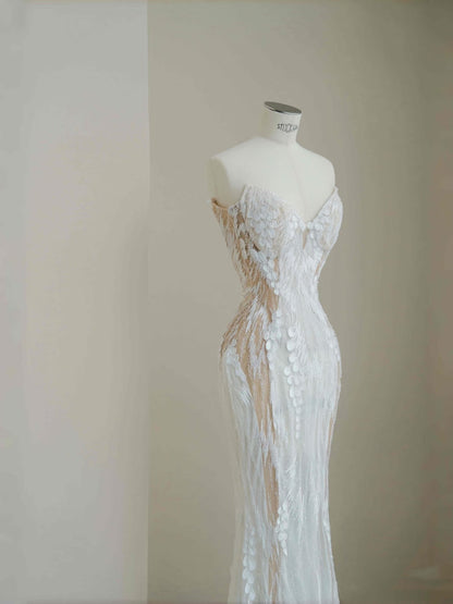 Hermoso vestido de novia largo de sirena con escote corazón y encaje blanco, vestidos de novia modestos D2727