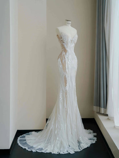 Hermoso vestido de novia largo de sirena con escote corazón y encaje blanco, vestidos de novia modestos D2727