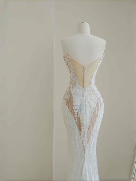 Hermoso vestido de novia largo de sirena con escote corazón y encaje blanco, vestidos de novia modestos D2727