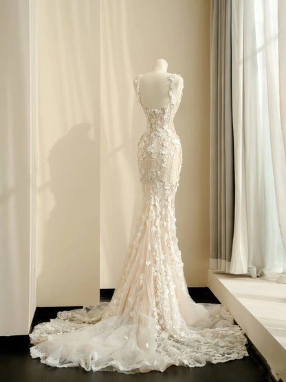 Vestido de novia sencillo con tirantes de sirena, encaje blanco, largo hasta el suelo, estilo minimalista, D2730