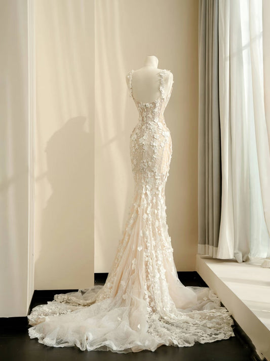 Vestido de novia sencillo con tirantes de sirena, encaje blanco, largo hasta el suelo, estilo minimalista, D2730
