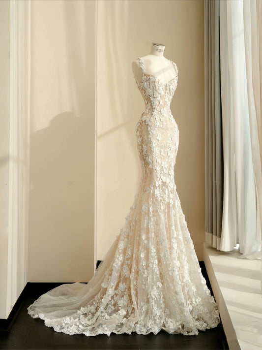 Vestido de novia sencillo con tirantes de sirena, encaje blanco, largo hasta el suelo, estilo minimalista, D2730