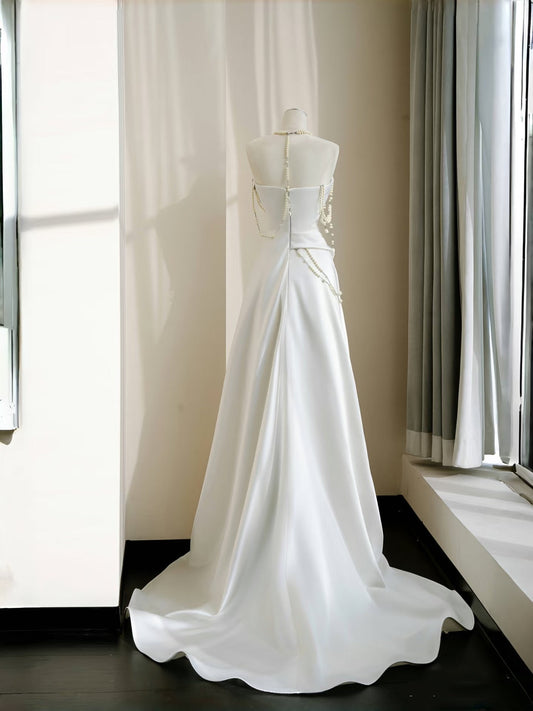 Vestido de novia sencillo, sin tirantes, de satén blanco, largo hasta el suelo, estilo minimalista, D2732