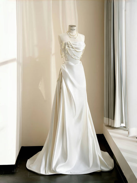 Vestido de novia sencillo, sin tirantes, de satén blanco, largo hasta el suelo, estilo minimalista, D2732
