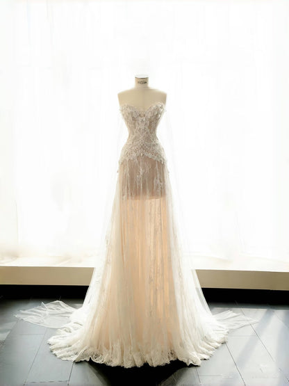 Vestido de novia sencillo, corte en A, escote corazón, encaje blanco, largo hasta el suelo, estilo minimalista, D2735