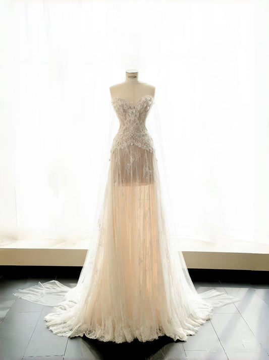 Vestido de novia sencillo, corte en A, escote corazón, encaje blanco, largo hasta el suelo, estilo minimalista, D2735