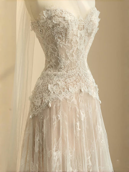 Vestido de novia sencillo, corte en A, escote corazón, encaje blanco, largo hasta el suelo, estilo minimalista, D2735