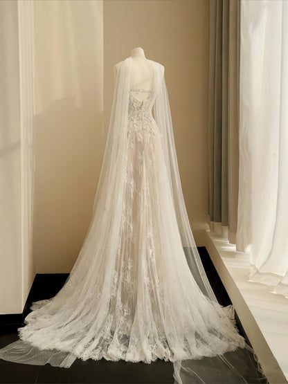 Vestido de novia sencillo, corte en A, escote corazón, encaje blanco, largo hasta el suelo, estilo minimalista, D2735