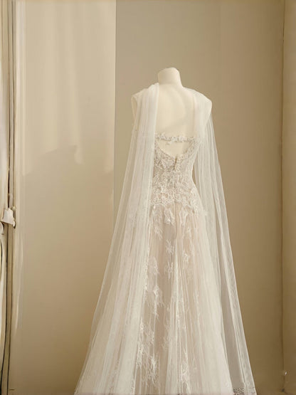 Vestido de novia sencillo, corte en A, escote corazón, encaje blanco, largo hasta el suelo, estilo minimalista, D2735