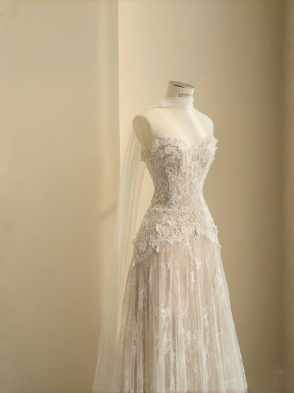 Vestido de novia sencillo, corte en A, escote corazón, encaje blanco, largo hasta el suelo, estilo minimalista, D2735
