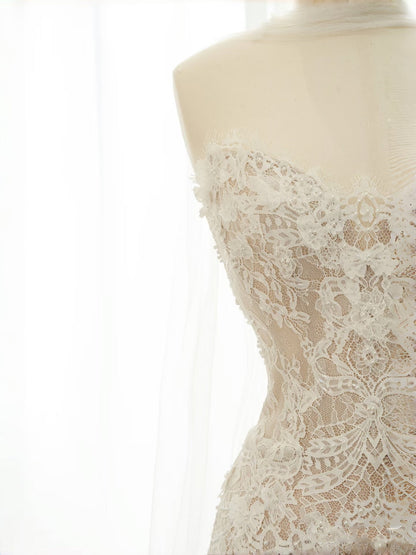 Vestido de novia sencillo, corte en A, escote corazón, encaje blanco, largo hasta el suelo, estilo minimalista, D2735